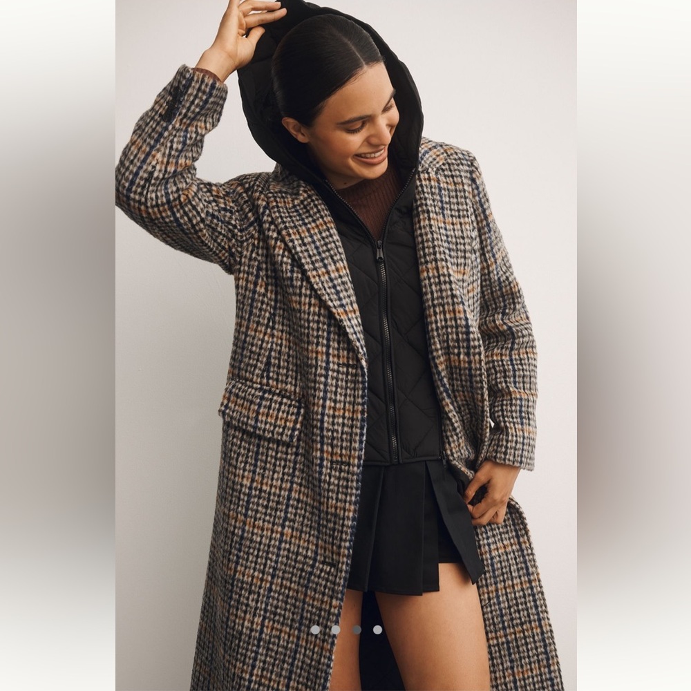 ANTHROPOLOGIE Fuzzy Plaid Long Coat, by Bernardo, only worn once, as new, size L